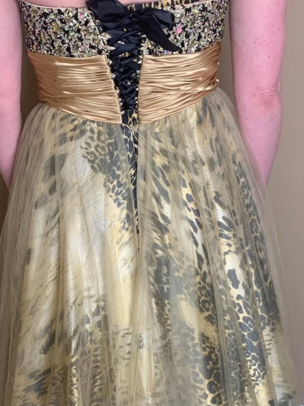 Gold Sequin Strapless Prom Dress | Leopard Tulle Gown Corset Back Size M (8/10) - Picture 3 of 3